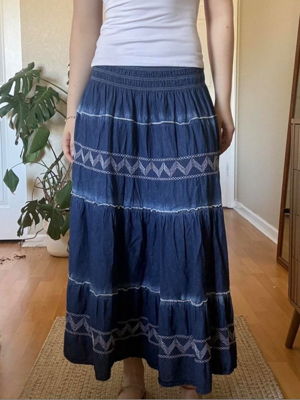 Smocked Waist Navy Maxi Skirt with White Embroidery